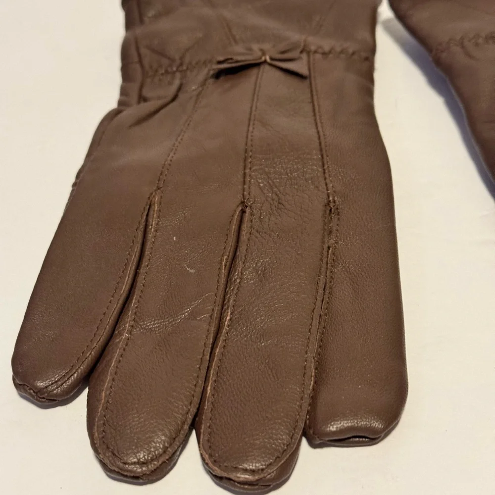 GLOVES Women’s Gloves Brown Faux Leather Bows Fur Lined Soft Driving Fashion EUC